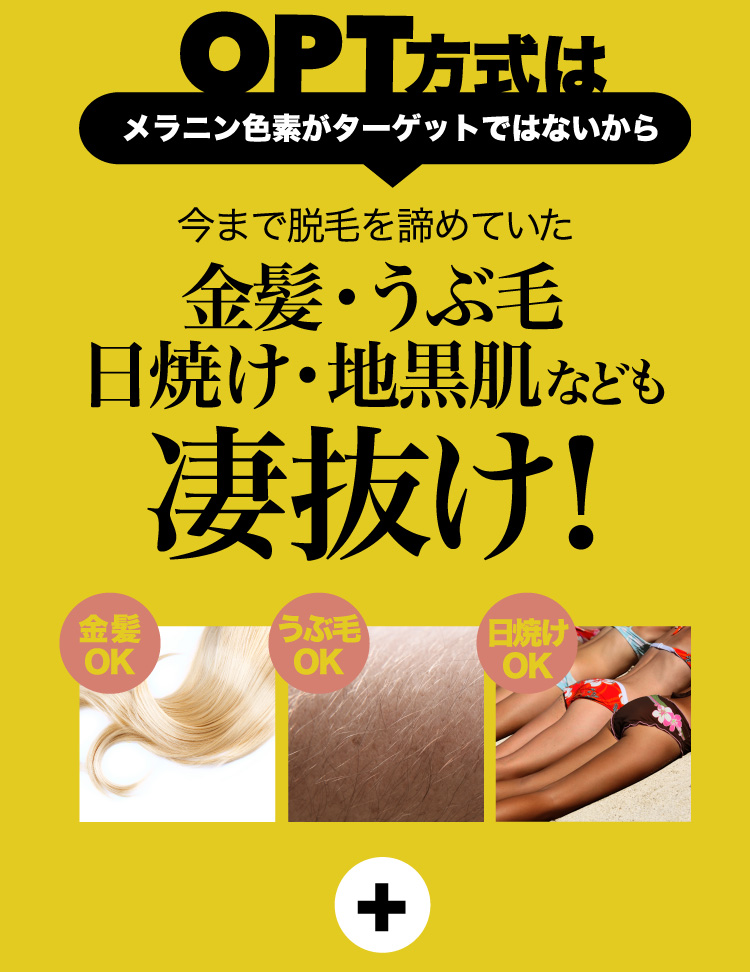 OPT方式はメラニン色素がターゲットではないから今まで脱毛を諦めていた金髪・うぶ毛・日焼け・地黒肌なども凄抜け！